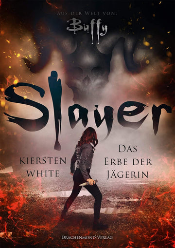 Das Cover zeigt eine Frau mit einem Holzpflock in der Hand. Um sie herum sind Flammen und Funken. Im oberen Bereich bildet sich aus dem Rauch ein Totenkopf mit Hörnern. Darunter steht mittig der Titel.